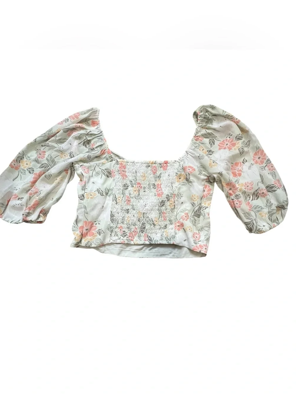 Abercrombie & Fitch Mint Green Floral V-Notch Puff Sleeve Crop Top NWT S